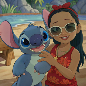 LILO  DE LA MANO TRAE  A STITCH JALANDO LOS DOS TRAEN LENTES OBSCUROS