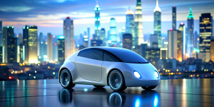 futuristic technology EV car on blurred city background, HD, minimal