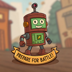Cartoony robot from 'Enter the Gungeon' game. Brown body with green face. Tagline reads: 'Prepare for Battle!' Background blurred