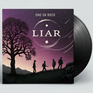 Digital art of the album cover for 'LIAR' by One Ok Rock. The band's logo prominently displayed on a gradient black and purple background, with a hand-drawn aesthetic.
