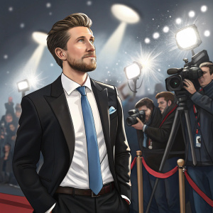 Marcel Hirscher, Austrian alpine ski racer, in a press conference. He is wearing a black suit, white shirt, and blue tie. Surrounded by bright lights and cameras.
