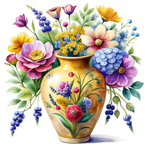 a WATERCOLOR IMAGE , DECORATED Yellow Porcelain Luxury Chinese Vintage Vase ; on a white wall, THERE ARE IN THE VASE : watercolor PALE SAND BROWN WILD FLOWERS ,GREEN WEEDS ,burgundy PEONIE ,NAVY BLUE Bougainvillea, PURPLE dandelion ,WHITE geranium,TOFFEE Narcissus, ochre crocusES ,navy blue daffodil ,WHITE roses ,amaranth Damarion s, red tulips , freesia ,sienna orange lavender Common Crape Myrtle ,Watsonia ,tritoma.carmine Chandramallika, burgundy VIOLETS ,SEPHIA SISYMBRIUM,CREAM CHAMOMILE , te