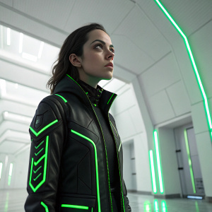 Digital art portrait of Laura, aka X23. She stands in a white room with glowing green accents. Cyberpunk aesthetic