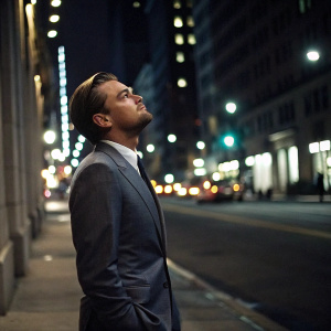 Leonardo DiCaprio, in a formal gray suit, stands alone on a city street at night. Looking intense, possibly reflecting on a scene.