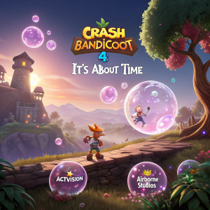 A screenshot from Crash Bandicoot 4: It's About Time. Enchanted orbs floating in a surreal landscape. Emblems of Activision and Airborne Studios in the foreground.