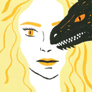 Digital painting of Daenerys Targaryen's face merging with a dragon's head. Created with a mix of digital tools and techniques.