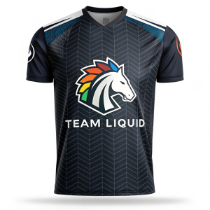 Modern design featuring Team Liquid's emblematic horse head logo on a sleek, patterned black background.