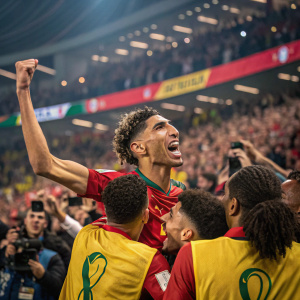 Achraf Hakimi in a packed stadium. Celebrating a goal with teammates.