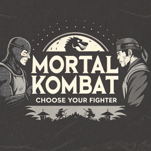 Vintage Mortal Kombat promotional poster. Darkened, gritty aesthetic. Bold text 'Mortal Kombat' emblazoned center. 'Choose Your Fighter' beneath. Limited black and white palette. Retro video game design.