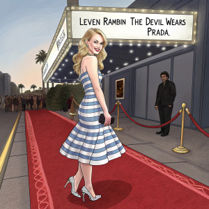 Leven Rambin posing at the premiere of The Devil Wears Prada. Wearing a blue and white striped dress with a curly hemline and silver heels. Red carpet with special edge design. Surrounded by promotional logos and text.