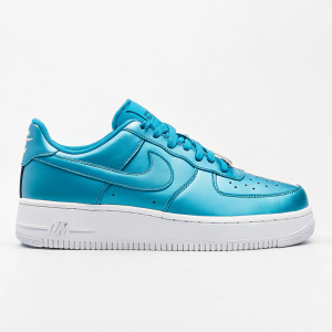 Cerulean blue Nike Air Force 1 Ultra sneaker. Shiny white sole and upper. Minimalist branding. Against white background.