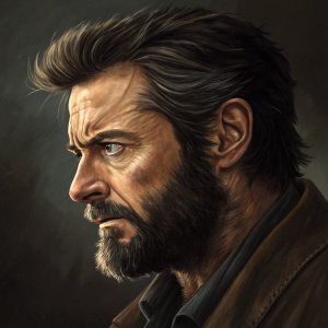 Realistic painting of Wolverine from X-Men. Close-up view of the face, emphasizing the facial hair and lines around the mouth and eyes. Dark background highlights the texture and depth of the portrait. Muted earthy tones create a somber mood.