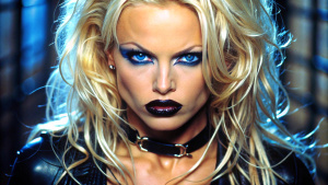 Barb Wire (1996) pam anderson,Barbara "Barb Wire" Kopetski,Pamela Anderson Lee,black lipstick,blue glowing eyes,runny makeup,full-body.
