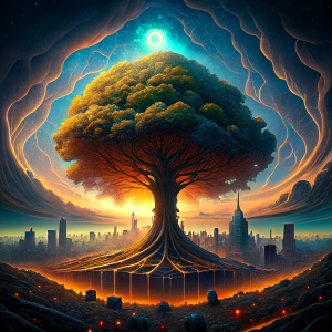 the tree of the knowledge of good and evil between hell below and heaven above, its roots and branches in the form of signal paths in electronics, more electronics
