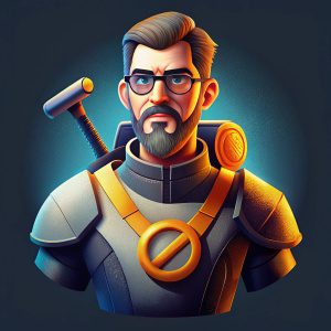 gordon freeman 3d bust half life series,in one hand crowbar in other hand gravity gun, only half of his body seen in a chest half life logo.
