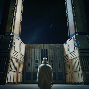 Concept art for Wolfenstein: Youngblood featuring a colossal, multi-tiered, industrial complex. The structure is designed with a blend of brown and gray hues, intricate panels, and compartments. A mysterious, futuristic humanoid figure stands at the center of the scene.
