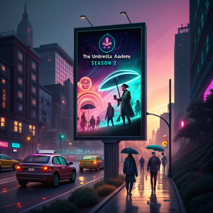 A massive billboard for 'The Umbrella Academy' season 2. Neon lights and vibrant colors. City street scene with passing cars and pedestrians.