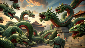 A large group of flying dragons surrounded an old Chinese man. The old man felt aggrieved.