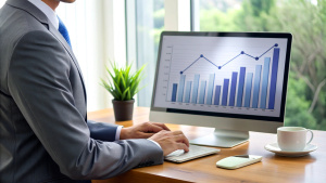 Cropped photo of businessman analyzing business diagram, marketing statistics and finance market graphs on laptop monitor in the office