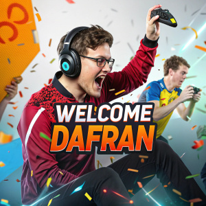 Dafran, a gamer, in an energetic pose. Surrounded by fellow streamers. Dynamic background with vibrant colors, logo 'Welcome Dafran', modern and bold design