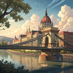 Szechenyi Chain Bridge in Budapest, Hungary. The suspension bridge spans a serene river, surrounded by majestic buildings with earthy hues and a dome-topped spire. A clear blue sky dotted with wispy clouds, and the water reflecting the grandeur of the architecture.