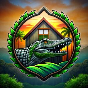 Brightly colored logo depicting a realistic Crocodile and lodge