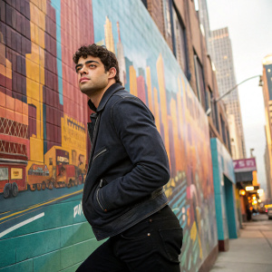 Noah Centineo, Hispanic actor, posing intensely. The backdrop is a vibrant mural of a cityscape