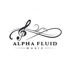 A dynamic, logo design for Alpha Fluid Music featuring a swirling, liquid-like form created with cursive, flowing lines. Beneath this, the text 'ALPHA FLUID MUSIC' is displayed in a classic, black, sans-serif font.
