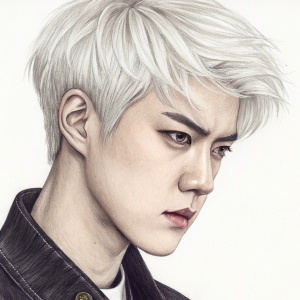 Sketch of Oh Sehun, EXO member, detailed close-up. Intense gaze, short styled white hair