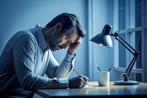 sad man drawing at desk