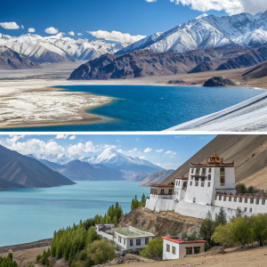 A collage showcasing the scenic beauty of Ladakh, India. Featuring stunning landscapes, serene lakes, and distinctive architecture.