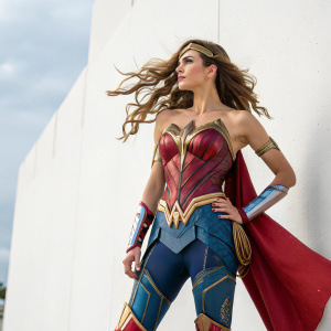 Photo of a female superhero, inspired by Wonder Woman toy design, striking various heroic poses. Set against a plain white backdrop. Stylized costume with flowing long hair
