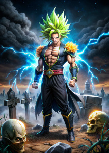 personaje dragon ball Broly, in a black suit, very sad, in front of a grave, cielo oscuro con rayos, with a bouquet of flowers, Full image taken from above, Realistic photo, RealVisXl, blue eyes, Hyperrealistic, 4k, stormy background.
