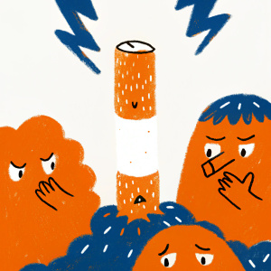 Cartoon characters illustrate the harmful effects of smoking around a cigarette in the center of the image.