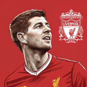 Steven Gerrard poster. Captivating portrait. Bold, red background. Celebratory tone. Graphic design. Liverpool FC logo prominent.