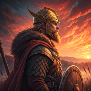 Digital illustration of Ragnar Lothbrok from 'Vikings'. Golden helmet, battle-ready stance. Vibrant red sunset background, dramatic lighting.
