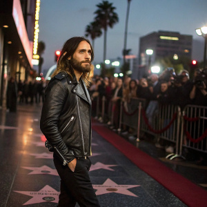 Jared Leto, actor, in a black leather jacket, posing on the Hollywood Walk of Fame. Crowds and street lights visible in the background.