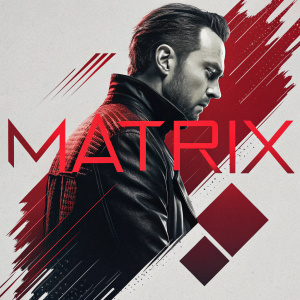 Concept art for 'Matrix'. Modern, abstract design with bold red, dramatic black, and neutral background. Features repeating pattern beneath primary logo.