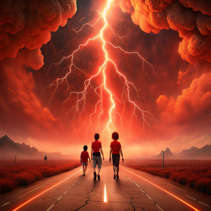 make me some scared children seeing the red sky with lightning in the middle of a road without cars 