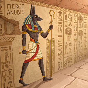 Fierce Anubis, Egyptian god of the afterlife, depicted in a detailed mural. Surrounding wall covered in ancient hieroglyphics.