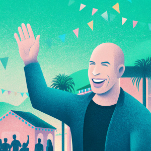 Vin Diesel, without hair, smiling widely. Street party in Hollywood, waving to fans