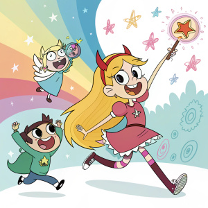 Star vs the Forces of Evil characters, colorful and lively, in dynamic poses. Illustration