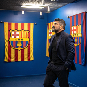 Gennaro Gattuso, now the head coach of FC Barcelona, stands in a blue room with red and yellow club banners. Focused and serious expression, large FC Barcelona crest visible behind him. Close-up, high-resolution photo.