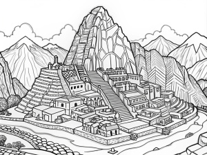 Coloring page of Bring Machu Picchu in Peru to life with colors.White background , Black line art. No color.No gray , It should be suitable for children aged 4-8.