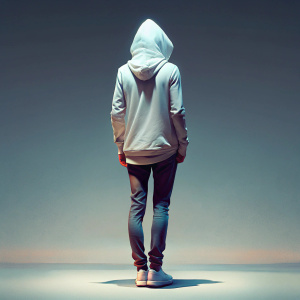 una persona de cuerpo entero parada de espalda luciendo un hoddie de color blanco