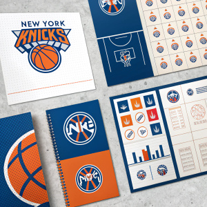 Brand design guide for New York Knicks basketball team. Detailed layout featuring team logos, symbols, and numbers in various sizes and colors.