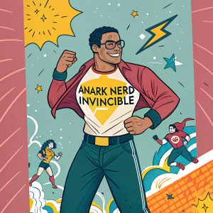 A colorful poster featuring a muscular character wearing an Anark Nerd 'Invincible' t-shirt. Vibrant mix of cartoon and action styles.