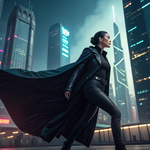 Reileen Kawahara, from Altered Carbon, depicted in a dynamic pose. Wears sleek, black ensemble with cape-like top. Futuristic cityscape backdrop.