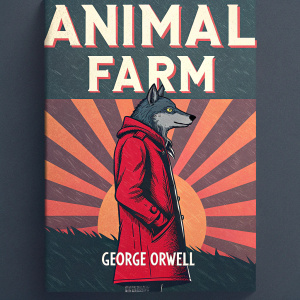 Book cover for 'Animal Farm' by George Orwell. Dark background, graphic novel style. A wolf figure in red jacket, against sunburst pattern. Title 'Animal Farm' in bold letters, author 'George Orwell' below.