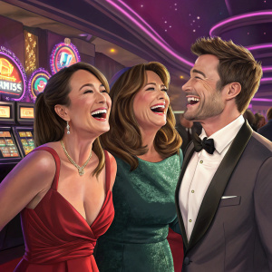 Lindsay Price, Lorraine Bracco, and Robert Buckley laughing together at a glitzy casino gala. Neon lights and slot machines in the background.